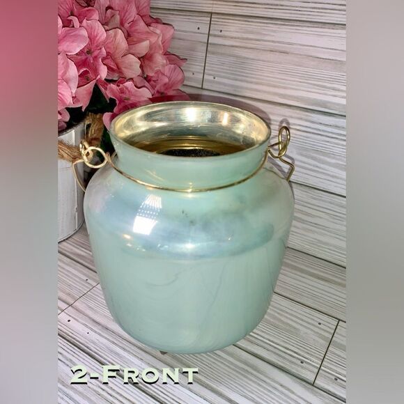 2 Metallic Sage Green Glass Candle Holders With Gold Tone Handle - Picture 6 of 7